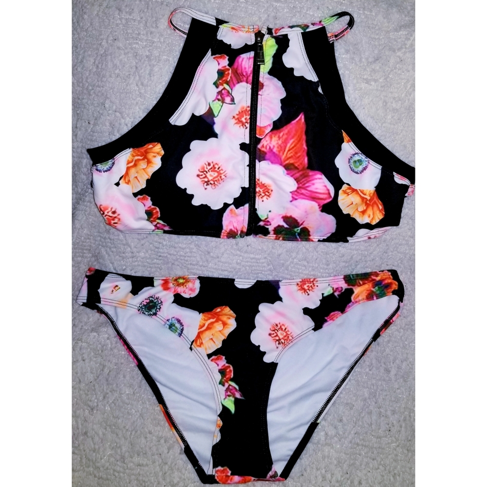 Floral Orange & Pink Zipper Top Bikini